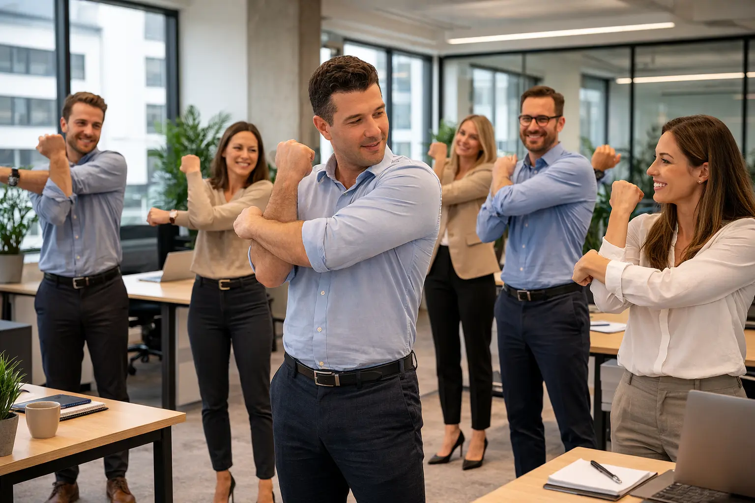 Betriebliches Gesundheitsmanagement – Viktor leitet eine Bewegungseinheit im Unternehmen.